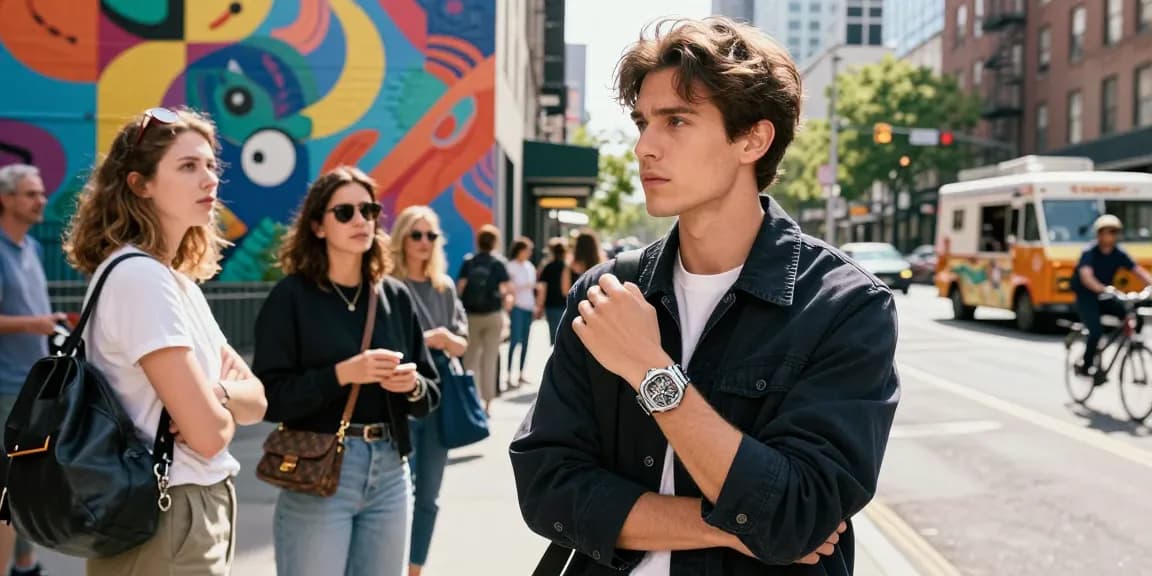 Stylish urban moment featuring a fashionable man showcasing super clone watches against a vibrant city mural.